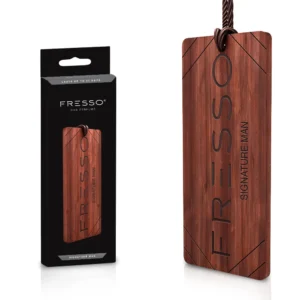 Fresso Signature Man Wooden Air Freshener with natural wooden design and braided hanging cord